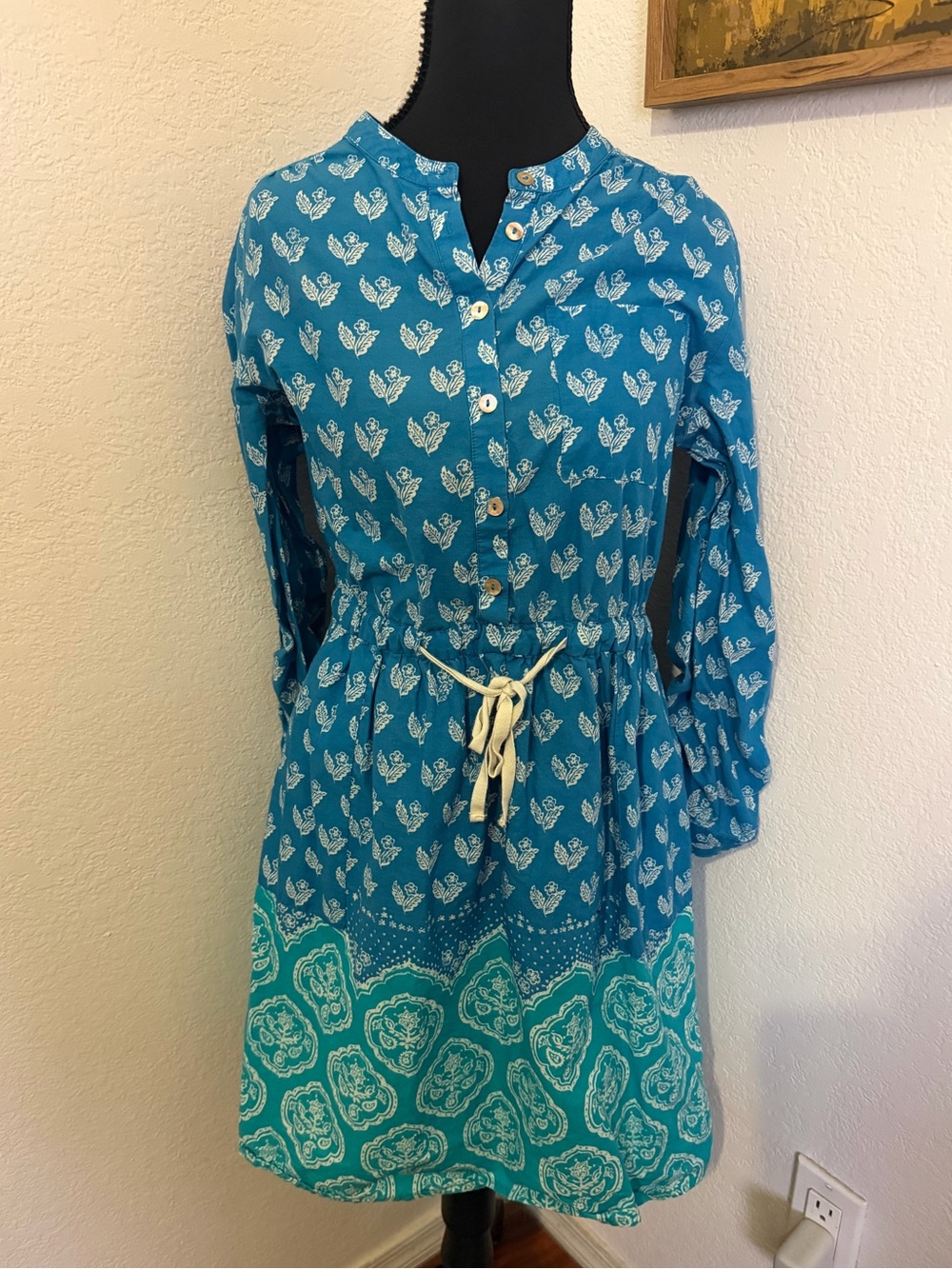 Meadow Rue Teal Blue Printed Button-Front Drawstring Dress - Size 6P